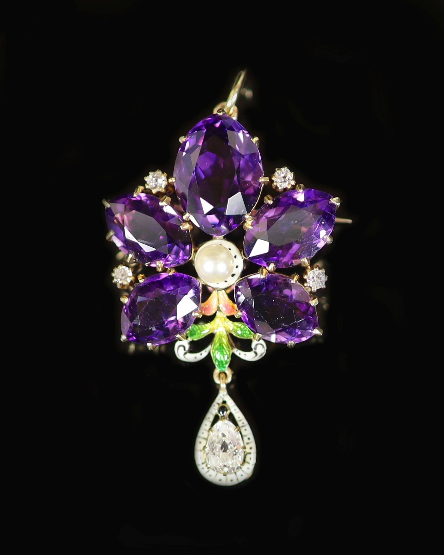 An early 20th century style continental gold, amethyst, seed pearl, enamel and diamond drop pendant brooch